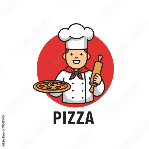 Happy cartoon chef character holding a freshly made pizza and a rolling pin