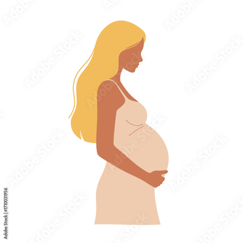 Beautiful pregnant woman with blonde hair in a light dress holding her belly with love