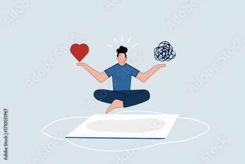 businessman meditating while hovering balancing messy chaos and passionate heart shape