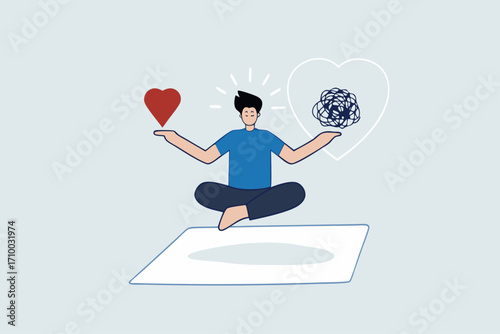 businessman meditating while hovering balancing messy chaos and passionate heart shape