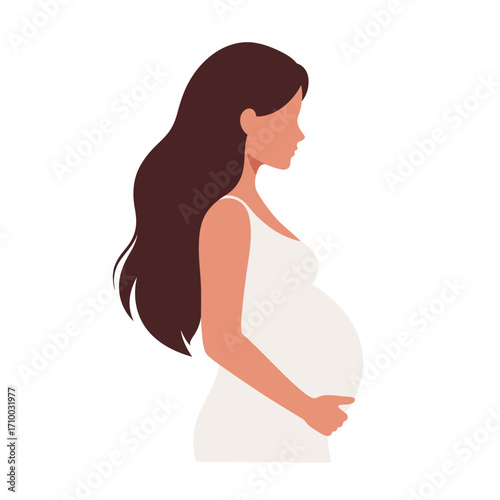 Profile of a pregnant woman with long dark hair wearing a white dress holding her belly