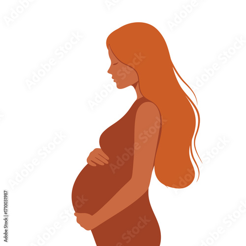 Elegant illustration of a pregnant woman with long flowing auburn hair holding her belly