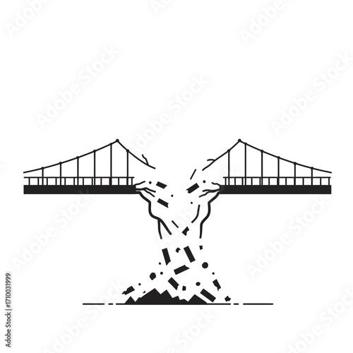 Symbolic illustration of a broken suspension bridge collapsing into a chasm representing failure and destruction