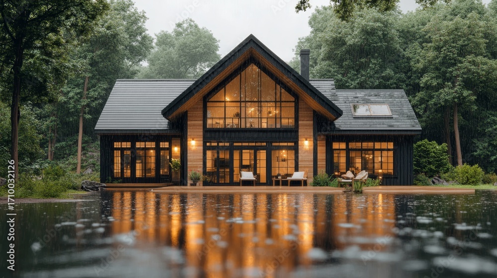 Fototapeta premium Charming Lakefront Cottage Surrounded by Lush Forest, Inviting Serenity and Natural Beauty Retreat