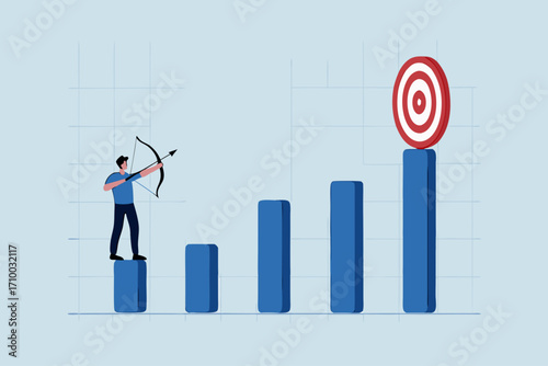Business challenge to achieve higher target, businessman aiming for high returns with his bow and arrow.