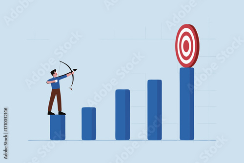 Business challenge to achieve higher target, businessman aiming for high returns with his bow and arrow.