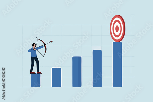 Business challenge to achieve higher target, businessman aiming for high returns with his bow and arrow.