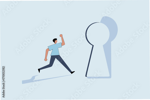 Life changing opportunity, hopeful motivated businesswoman steps through the keyhole of a bright door