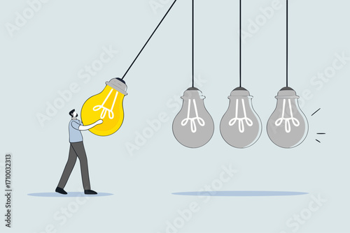 Knowledge sharing, business manager pulls light bulb into pendulum to convey information