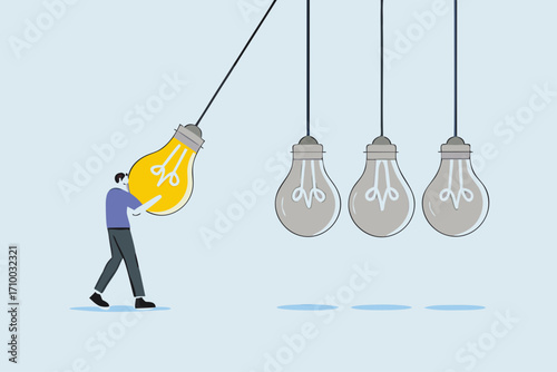 Knowledge sharing, business manager pulls light bulb into pendulum to convey information