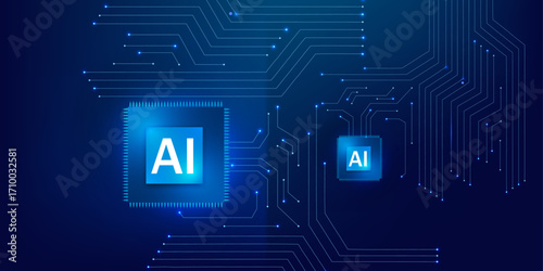 AI Chip on Blue Futuristic Digital Circuit Board