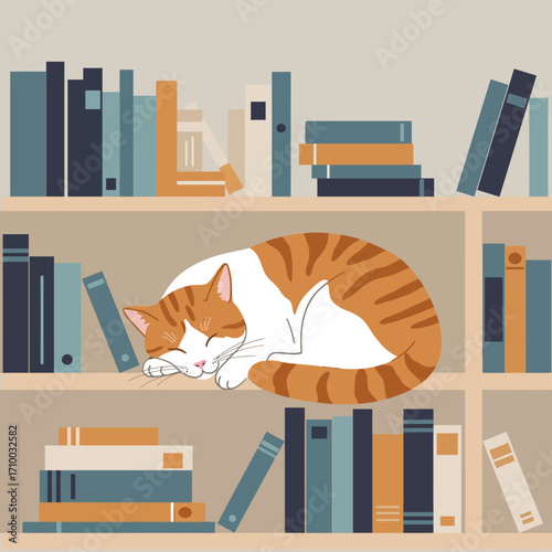Cozy orange and white tabby cat napping peacefully on a bookshelf filled with books