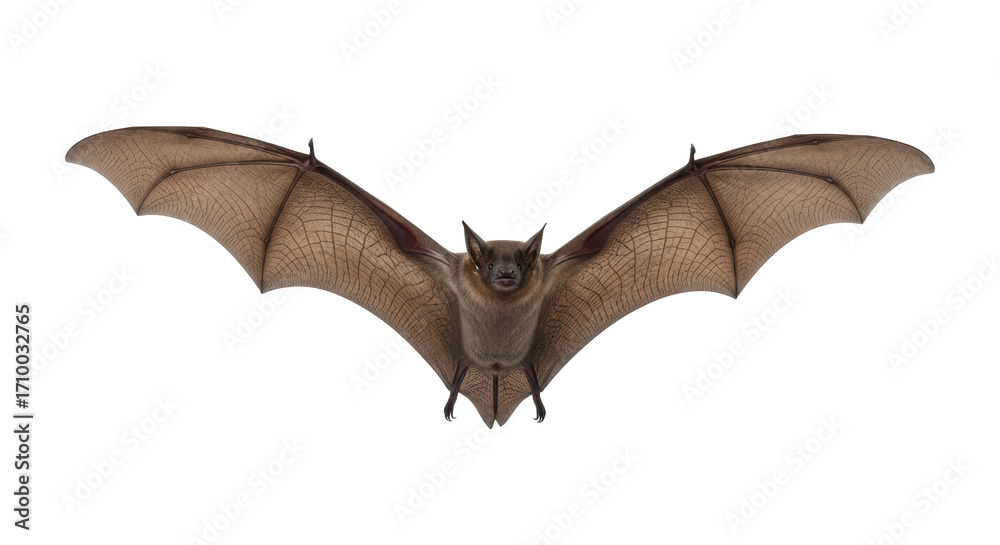 Obraz premium Isolated bat in flying position with its wings spread, front view of an animal in flight
