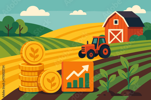 Investments in Farming and Agriculture – Tractor, Barn and Growing Money Plant Illustration_simple_compose