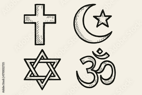 Religious Symbols Set – Christianity, Islam, Judaism, Hinduism Hand Drawn Icons