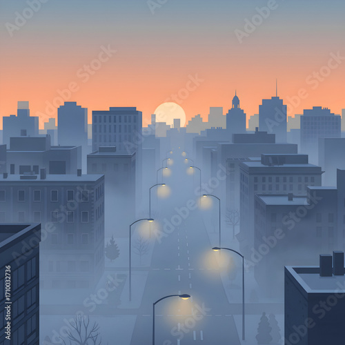Foggy, City, Skyline, Dawn, Silhouetted, Buildings, Pastel, Sky, Sunrise, Streetlights, Road, Trees, Cars, Ethereal, Tranquil