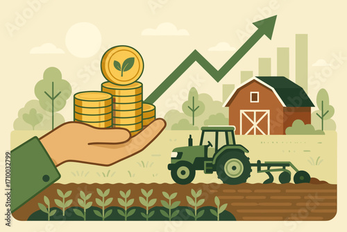 Agricultural Investment Growth – Farm, Tractor and Money Coins Illustration_simple_compose
