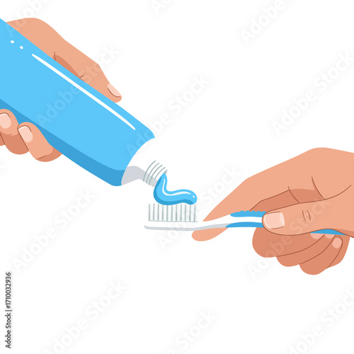 Close up of hands squeezing blue toothpaste onto a toothbrush for daily dental hygiene routine