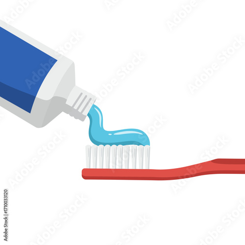 Close up of bright blue toothpaste being squeezed onto a red toothbrush for dental hygiene