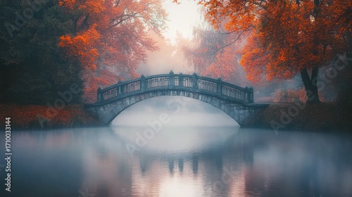 Misty autumn scene with stone bridge reflecting in calm water, surrounded by vibrant red foliage.