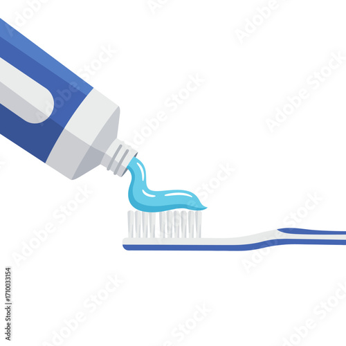 Close up of blue toothpaste being squeezed onto a white toothbrush with blue accents against a white background