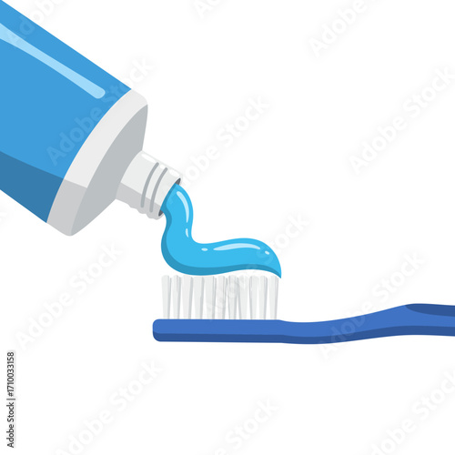 Blue toothpaste tube squeezing fresh mint paste onto a blue toothbrush for dental hygiene