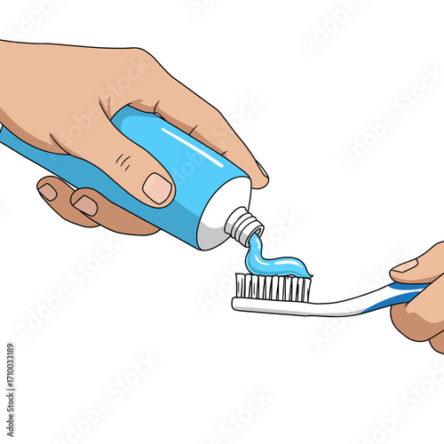 Close up of a hand squeezing blue toothpaste from a tube onto a toothbrush head