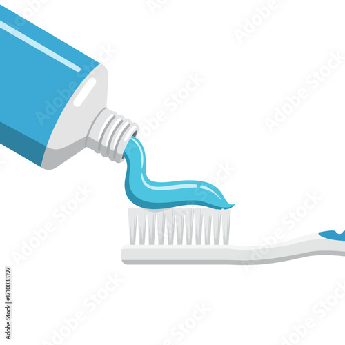 Close up of blue toothpaste being squeezed from a tube onto a white toothbrush for dental hygiene