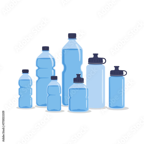 Collection of various blue plastic water bottles with dark caps on a white background