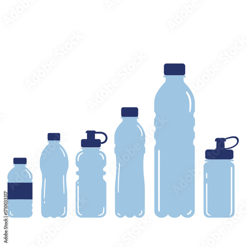 Collection of various sized blue plastic water bottles with dark blue caps on a white background