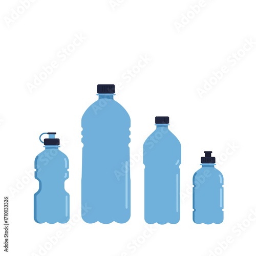 Collection of various sized blue plastic water bottles with dark caps isolated on a white background