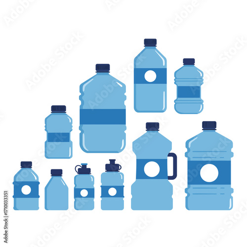 Collection of various sizes of clear blue plastic water bottles with labels on a white background