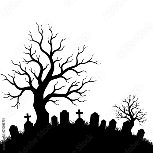 Spooky silhouette of a bare haunted tree and gravestones on a hill against a white background