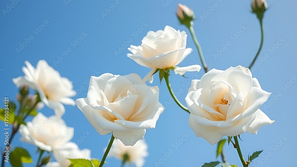 Obraz premium Blooming white roses against a clear blue sky, embodying delicate springtime beauty.