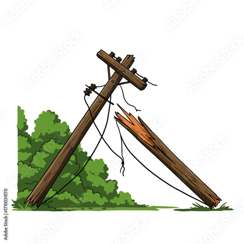 Damaged wooden utility pole leaning over with broken section and dangling wires near green foliage