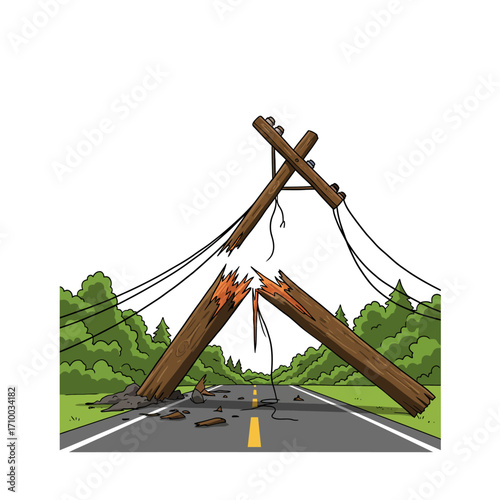 Broken wooden power pole with downed wires lying across an empty asphalt road with green trees in background