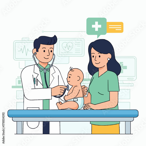 Pediatrician performs a health check-up on a happy baby, with the mother observing, depicting professional and gentle early childhood medical care for infant well-being