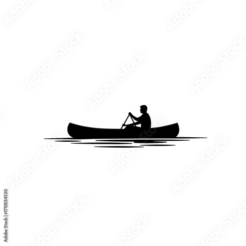 Silhouette of a person paddling a canoe across calm water on a bright day