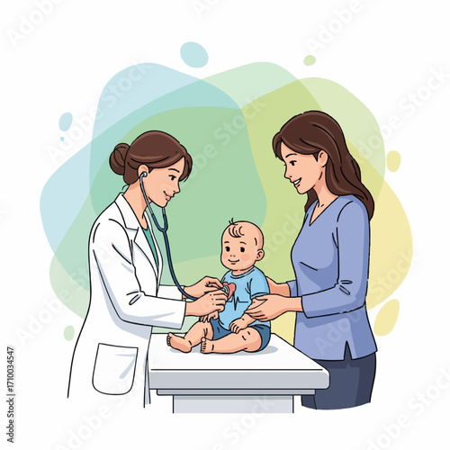 Pediatrician performs early childhood health and care check-up for happy infant, ensuring healthy development with mother