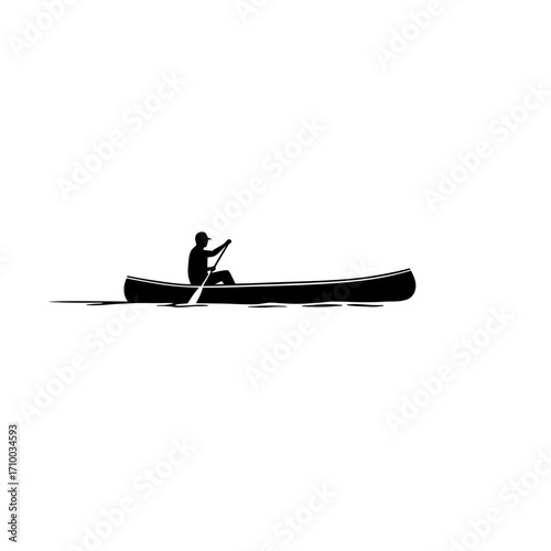 Lone person silhouetted in a canoe paddling across calm water on a bright day