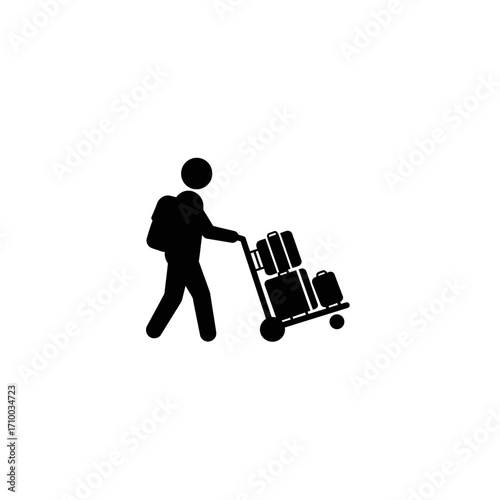 Silhouette of a person with a backpack pulling a luggage cart laden with boxes and bags