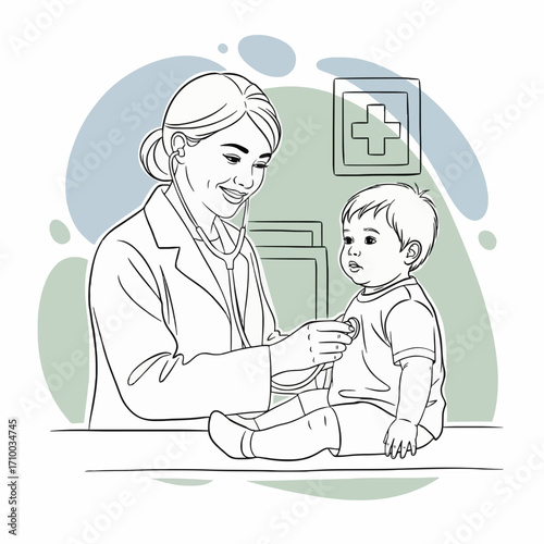 Caring female pediatrician conducting a gentle medical examination on a smiling baby in a professional clinic setting. A health check-up for early childhood wellness and development