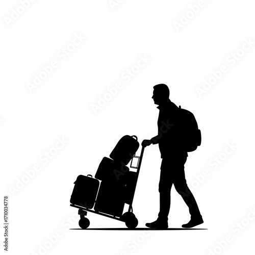 Silhouette of a person with a backpack pushing a luggage cart filled with bags against a white background