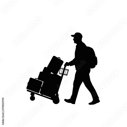 Silhouette of a person wearing a baseball cap and backpack pulling a luggage cart with suitcases