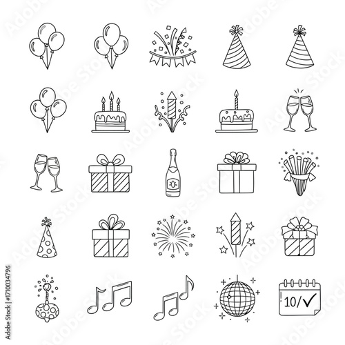 A collection of hand-drawn doodle icons for parties and celebrations, featuring balloons, cakes, gifts, and fireworks.