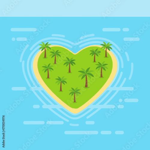 Vibrant heart-shaped tropical island paradise with colorful palm trees and a tranquil ocean, symbolizing love, escape, and vacation bliss for a dream getaway