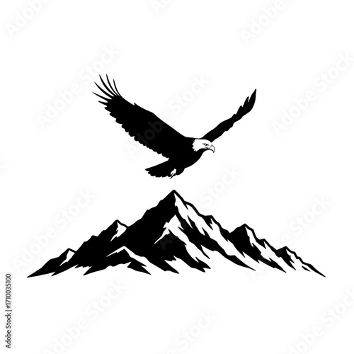 Majestic silhouette of an eagle soaring high above rugged mountain peaks in a dramatic black and white illustration