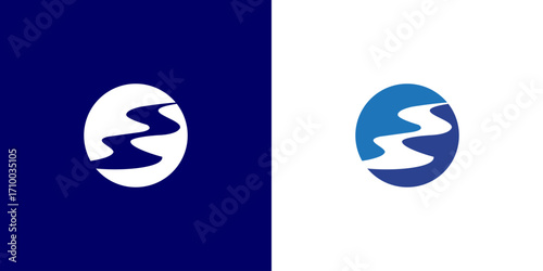 Two logos of a river flowing through a circle, one in dark blue and white, the other in light blue and white.