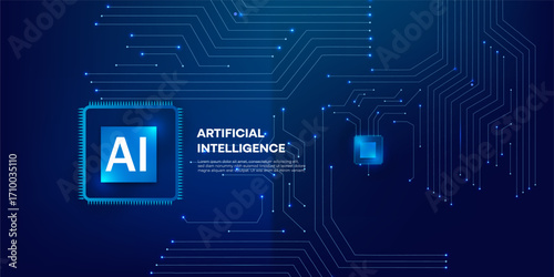 Digital AI Semiconductor with Neon Light Effect on Futuristic Blue Circuit Technology Background