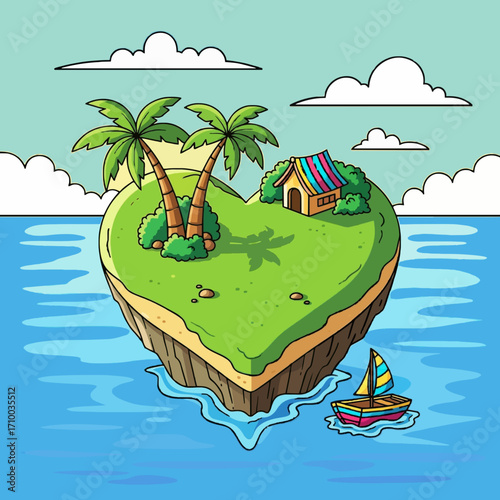 Idyllic heart-shaped island with lush palms and a cozy hut, floating on a tranquil blue ocean. A charming sailboat completes this romantic scene, symbolizing love and peaceful escapes